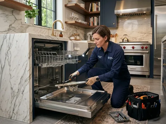 Appliance Repair Hero technician servicing a built-in dishwasher in a Bowie, TX kitchen