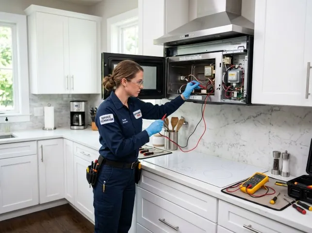 Appliance Repair Hero technician testing an over-the-range microwave in a Bowie, TX kitchen