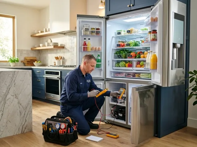 Appliance Repair Hero refrigerator technician testing a fridge on a Bowie, TX service call